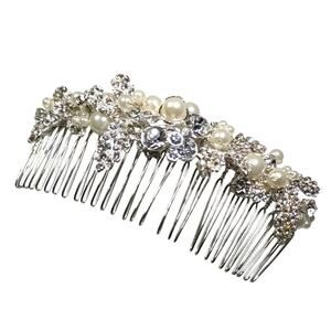 Hair Comb Silver Tone Faux Pearl Beads Rhinestone Floral...